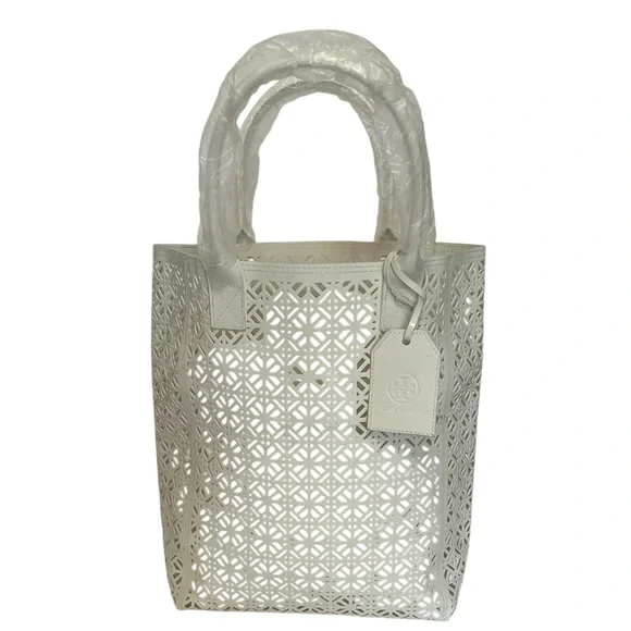 TORY BURCH White Off-White Laser Cut Designer Tote Shopper Pool Bag NWOT - Picture 2 of 13